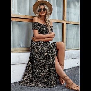 Off Shoulder Ditsy Floral High Split Dress